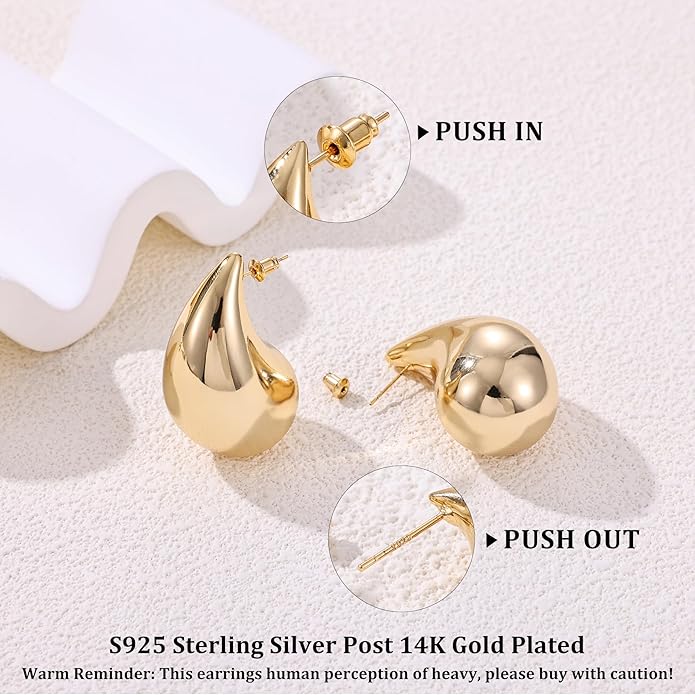 Gacimy Teardrop Earrings Dupes for Women 14K Gold Plated, Chunky Drop Earrings for Women with 925 Sterling Silver Post