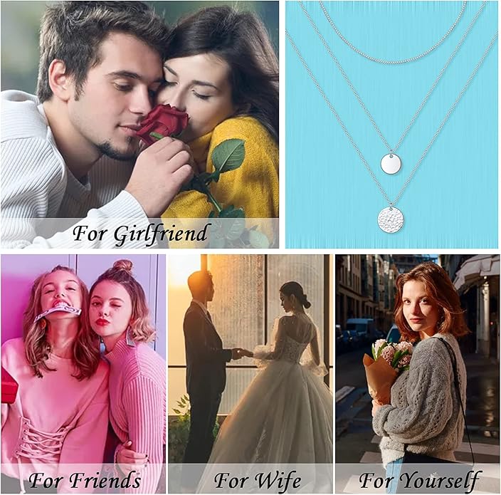 S925 Sterling Silver Layered Necklaces Multi 3 Layer Circle Bar Boho Long Triple Choker Pendant Necklace Jewerly Gift for Women