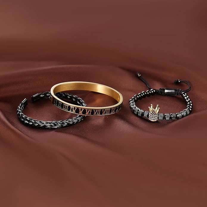 WFYOU 3PCS Stainless Steel Bracelets for Men Gold Roman Numeral Bangle Bracelet Twisted Cable Bracelet Adjustable Cuff Bracelet Mens Luxury Jewelry Bracelets Gifts