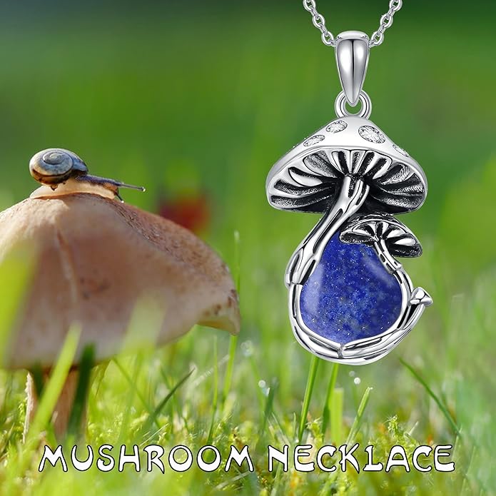 YAFEINI Mushroom Necklace Moonstone/Moss Agate/Malachite/Labradorite/Turquoise/Amber/Larimar/Black Onyx/Lapis Lazuli/Peridot/Opal Sterling Silver Mushroom Pendant Mother's Day Jewelry for Women Mom