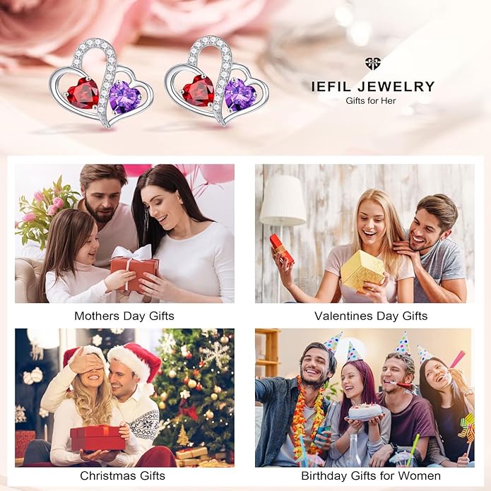 Iefil Valentines Day Gifts for Her - Birthstone Earrings Gift for Women, 925 Sterling Silver Double Heart Birthstone Earrings | Anniversary Birthday Gifts for Women, Personalized Jewelry for Wife Mom