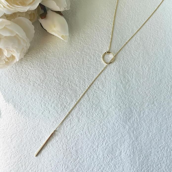 Lariat Gold Necklace for Women, Dainty Long Necklace 14k Gold Plated/Silver Y-Shaped Layered Beaded Chain Drop Necklaces for Women Trendy Simple Gold Jewelry for Women Gifts