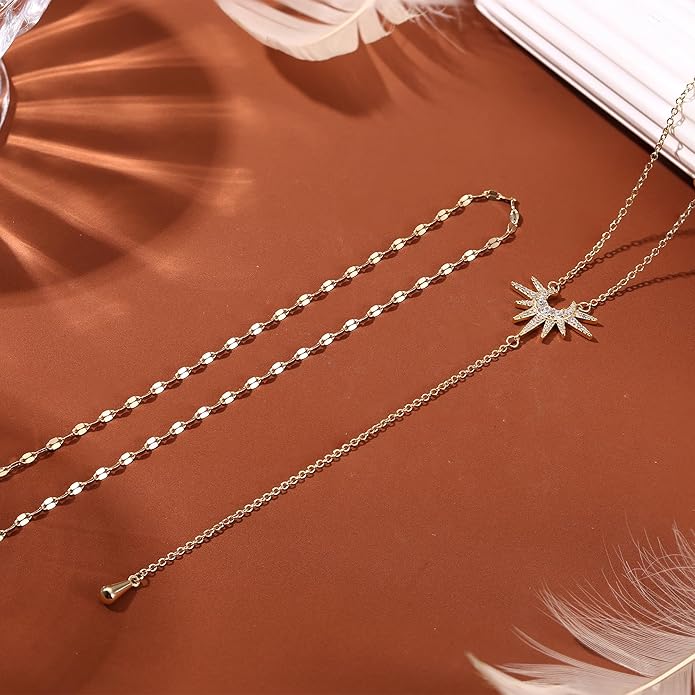 Dochais Dainty Gold Layered Necklace for Women, 14K Gold Plated Y Necklace & Chain, Dainty Lariat Long Necklaces, Trendy Cubic Zirconia Choker, Sun, Heart, Pearl & Cross Pendant Necklace, Jewelry Gift