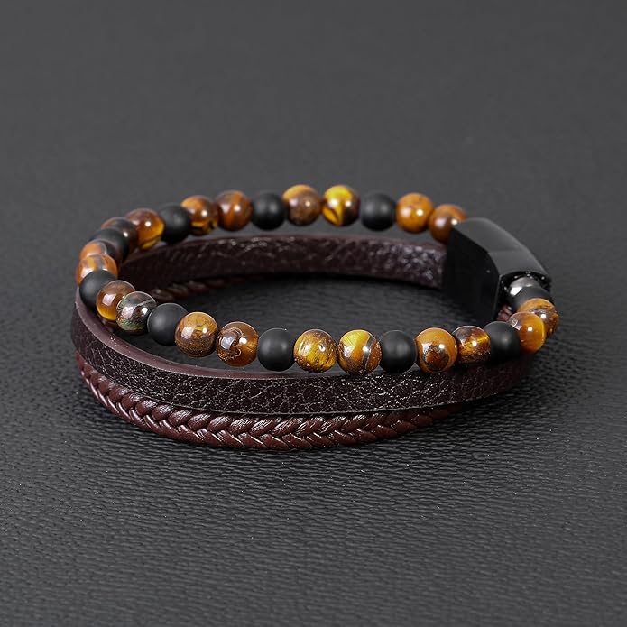 Gifts for Men - Layered Leather Beads Bracelet, Tiger Eye Lava Rock Stone Braided Leather Bracelets for Men Adjustable Magnetic Clasp Birthday Gifts