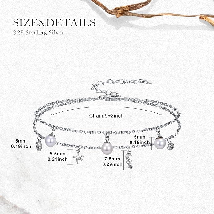 Genuine Pearl Anklets for Women 925 Sterling Silver Adjustable Layered Pearl Ankle Bracelets Foot Jewelry for Summer Beach
