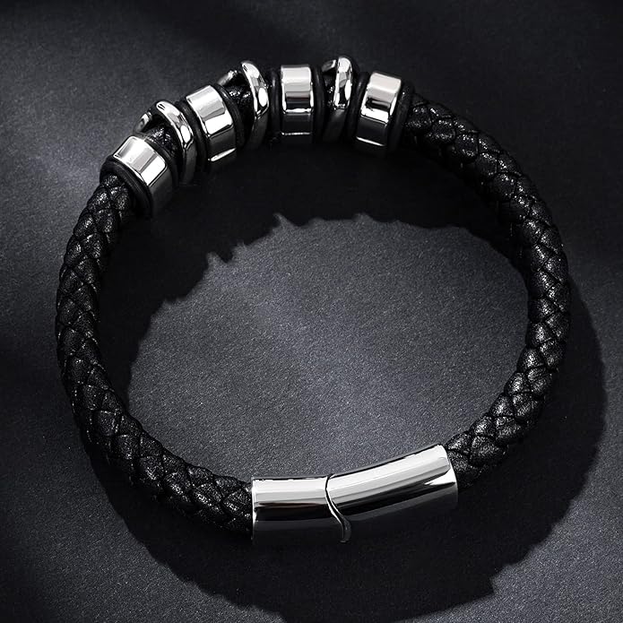 Leather Bracelet for Men Braided Cuff Wristband Stainless Steel Clasp in Silver and Gold Jewellery Gift
