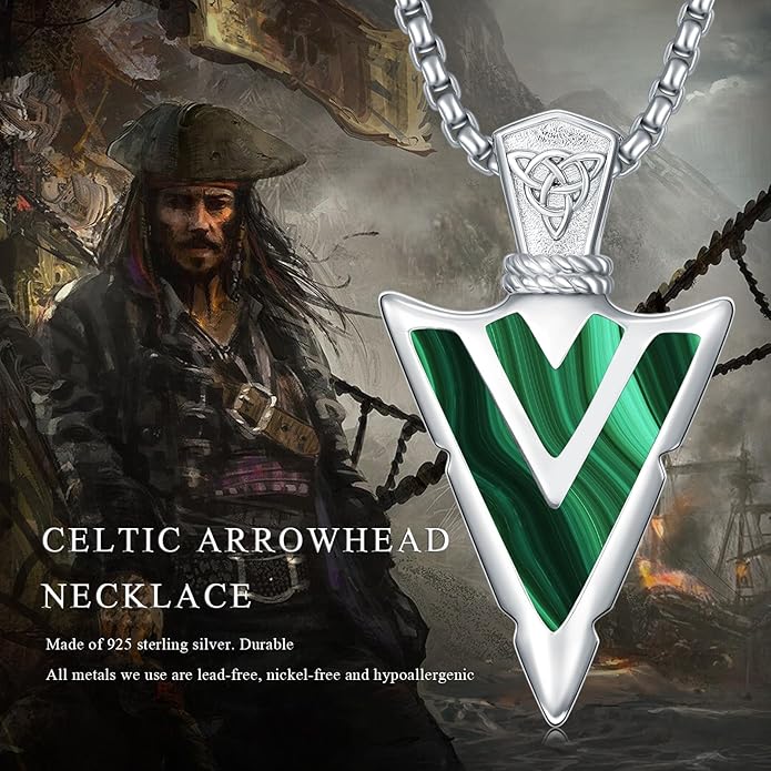 Suiknsn Arrowhead Necklace for Men Women 925 Sterling Silver Turquoise Malachite Celtic/Eye of Horus/Viking Arrow Pendant Amulet Jewelry Gifts Native American Necklace