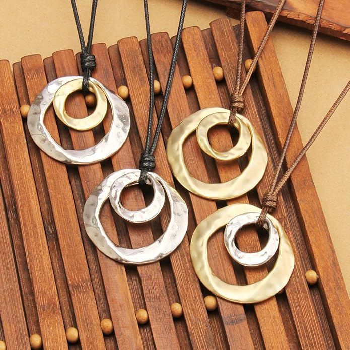 Long Boho Necklaces for Women Vintage Leather Wooden Pendant Y Choker Ethnic Style Gold Circle Hippie Sweater Necklace