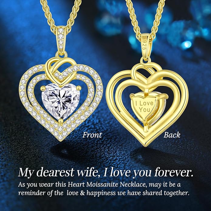 OOBEE Moissanite Heart Necklaces for Women, 1- 4 Carat Moissanite 925 Sterling Silver Gold Plating Fine Women Necklace,Ideal Anniversary Birthday Christmas Valentine Mothers Day Jewelry Gifts for Mom Wife Her Girlfriend