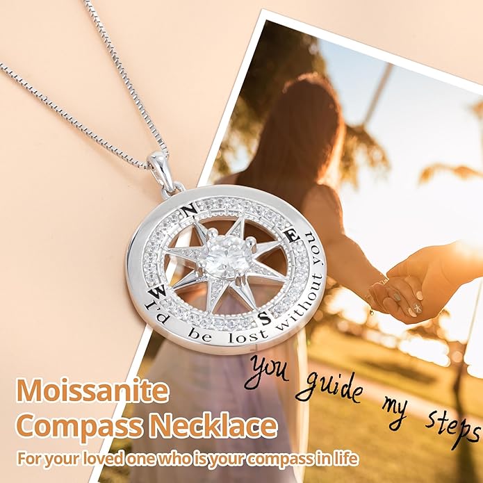 Kuschelkatze 1 Carat Moissanite Compass Pendant Necklace in Sterling Silver – Engraved 'I'd Lost Without You' – Symbol of Love, Direction & Unwavering Bond