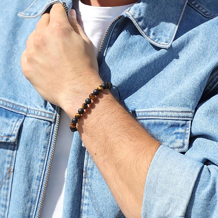 RTZN® Tigers Eye Bracelet for Men – Premium Artisan Handcrafted Golden Brown Tiger Eye Bead Bracelets – Natural Stone Tiger Eye Bracelet Men – Beaded Bracelets for Men