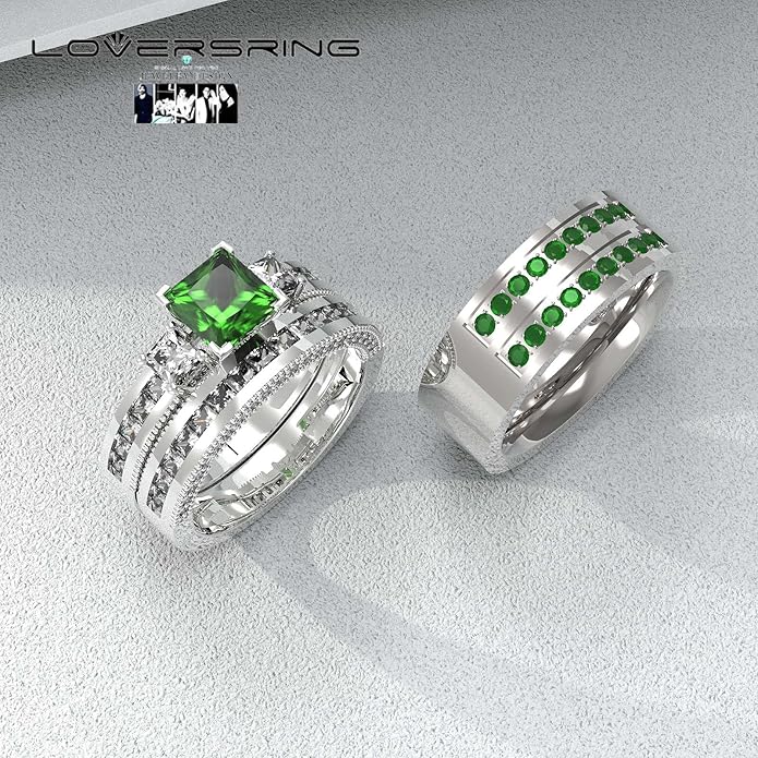 TWO RINGS Wedding Ring Sets His And Hers Promise Ring Couples Bridal Sets Women 925 Sterling Silver square Cz Man Stainless Steel Brushed Finished Wedding Bands