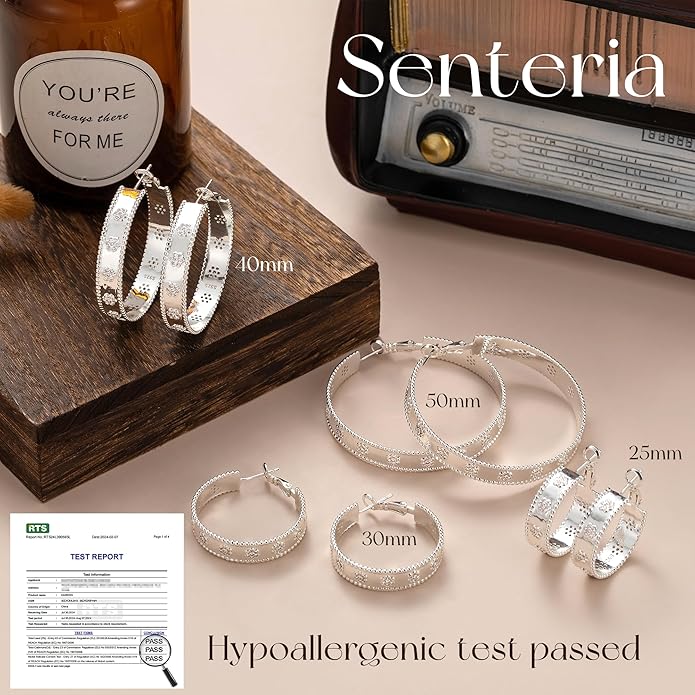 Senteria 8mm Wide 925 Sterling Silver Hoop Earrings for Women Hypoallergenic Chunky Silver Hoop Earrings with Flower Large Thick Hoops Earring Lightweight 14K Gold Plated Hoops for Women 25/30/40/50mm