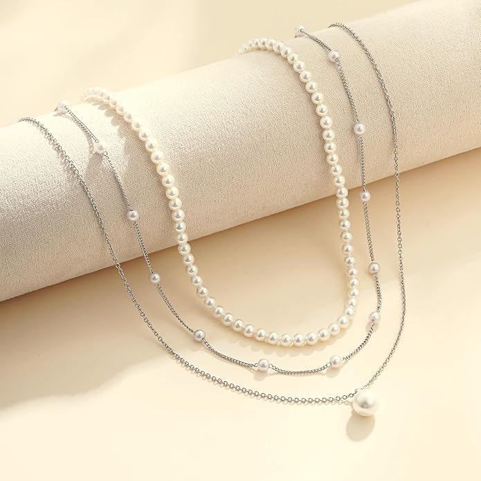 Pearl Necklaces for Women Trendy, 18K Gold/Silver Plated Layered Pearl Necklace Dainty Pearls Choker Necklace and Earring Set Simple Pearls Bracelets Wedding Prom Gold Jewelry for Women Gifts