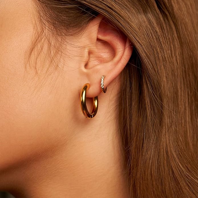 8YEARS Chunky Gold Hoop Earring for Women, 18K Gold Plated Lightweight Thick Hoops, Hypoallergenic Trendy Jewelry for Gift