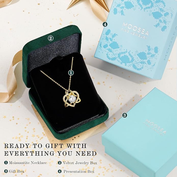 MOOSEA Christmas Gifts for Women Wife, Celtic Knot Moissanite Necklace for Women, 1-3ct Moissanite Heart Pendant Necklaces Anniversary Birthday Gift Wife Mom 925 Sterling Silver Jewelry