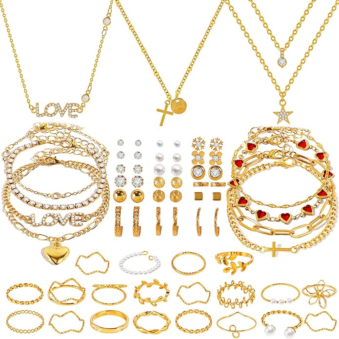HaHaGirl Golden Collection Fashion Jewelry Set Stocking Stuffers, Layered Necklaces, Bracelets, Earrings, Rings, Modern Contemporary Style for Women