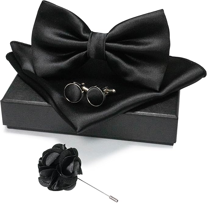 JEMYGINS Solid Color mens Pre-tied Bow Tie and Pocket Square Cufflinks Sets with Gift Box