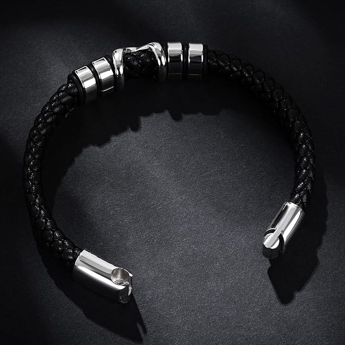 Leather Bracelet for Men Braided Cuff Wristband Stainless Steel Clasp in Silver and Gold Jewellery Gift