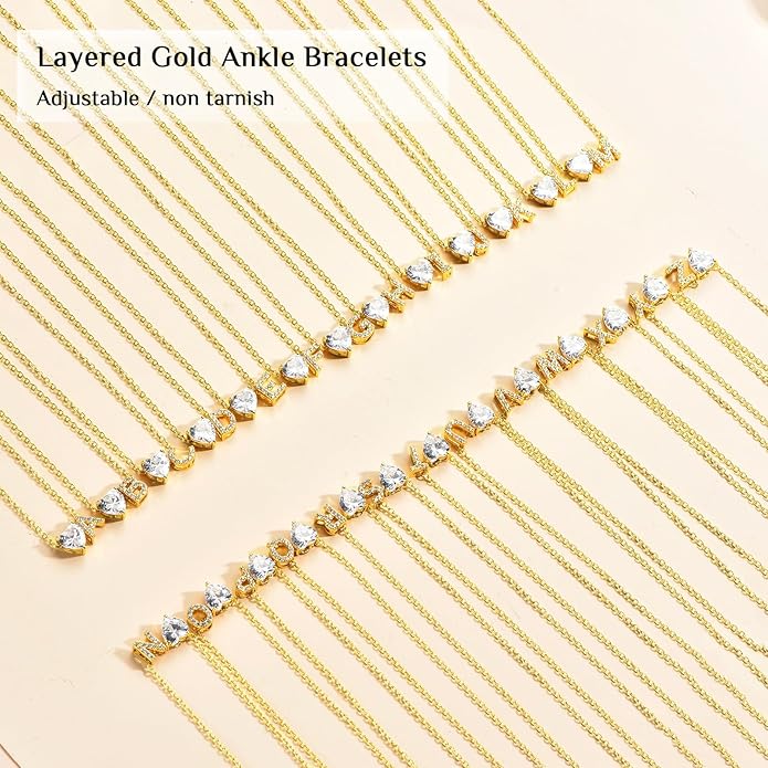 Gold Initial Ankle Bracelets for Women Waterproof 14K Gold Filled Layered Anklets for Women Non Tarnish Women's Anklets Adjustable Large Ankle Summer Beach Foot Jewelry