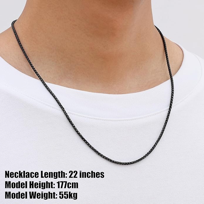 Fiusem Wheat Chains for Men and Women, 2/2.5/3/4/5mm Silver Tone/14K Gold Plated/Black Necklace Chain, Stainless Steel Mens Necklace 16-28 Inch