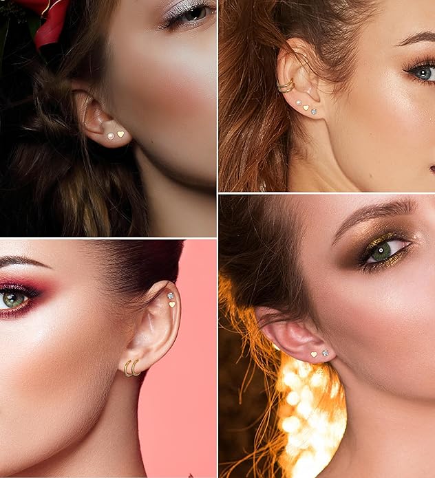 MJust Titanium Earrings for Sensitive Ears 20G Hypoallergenic Stud Hoop Earrings for Women Men Opal Ball CZ Heart Pearl Flat Back Earrings Cartilage Earrings Set