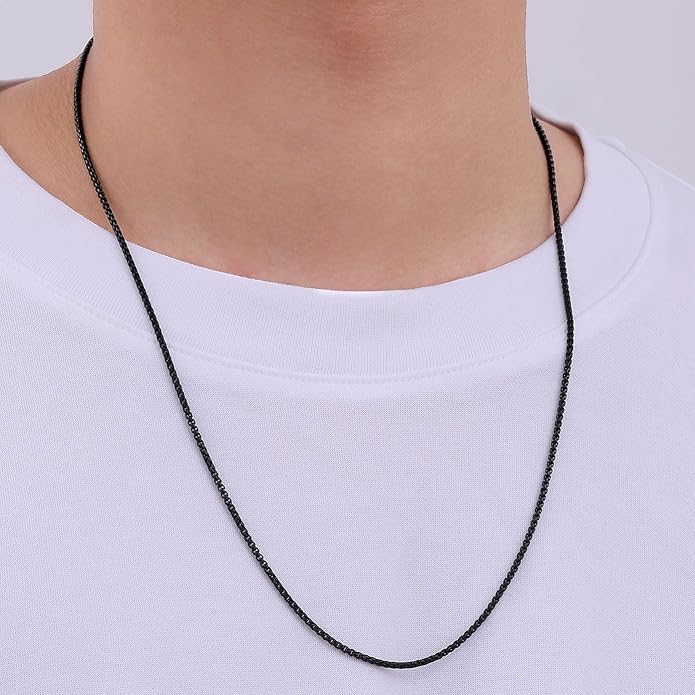 Fiusem Box Chain for Men, Silver Tone/14K Gold Plated/Black Stainless Steel Necklace for Men and Women, Width 2/2.5/3/4/5mm, Length 18-28 Inches
