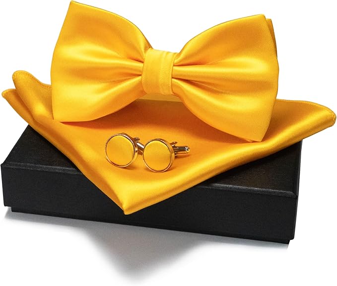 JEMYGINS Solid Color mens Pre-tied Bow Tie and Pocket Square Cufflinks Sets with Gift Box