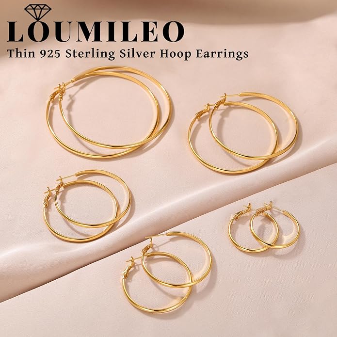 LOUMILEO 2mm Thin 925 Sterling Silver & 14k Gold Plated Hoop Earrings Large Silver Hoop Earrings Hypoallergenic Lightweight Hoops Earrings for Women 30/40/50/65MM