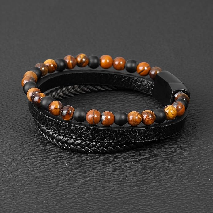 Gifts for Men - Layered Leather Beads Bracelet, Tiger Eye Lava Rock Stone Braided Leather Bracelets for Men Adjustable Magnetic Clasp Birthday Gifts