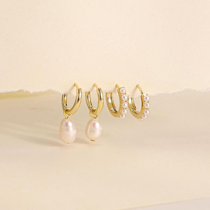 Gold Plated Earrings for Women, 14k Gold Plated Earring Stack Hypoallergenic Pearl Drop Earring Dainty Earrings for Women Trendy Cute Small Huggie Hoop Earring Fashion Womens Jewelry