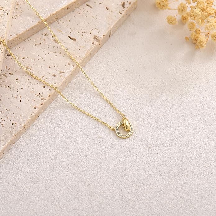 Gold Necklace for Women, Dainty 14K Gold Plated Pendant Necklaces for Women Trendy Simple Choker Chain Cubic Zirconia Circle/Interlocking/Sun Necklace Fashion Jewelry Birthday Christmas Gift