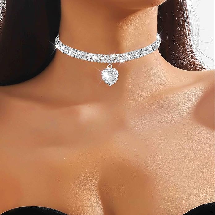 CLOACE Rhinestone Choker Necklace Heart Pendant Diamond Row Necklaces Sparkly Crystal Prom Chain Jewerly Accessories for Women