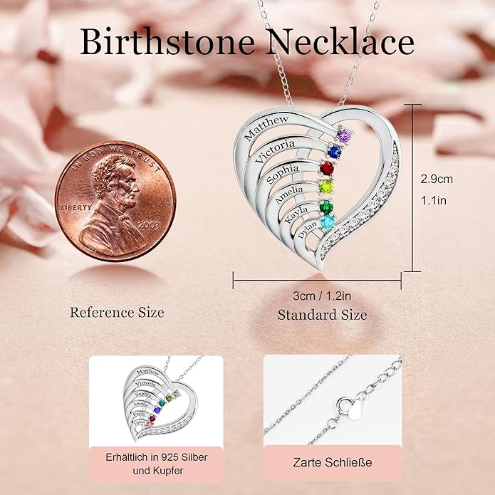 Easycosy Custom Name Necklace with Simulated Birthstones Customized Promise Necklace Heart Pendant with Engraved 2-6 Names - Anniversary Birthday Christmas Jewelry Gifts for Women Wife Mom Grandma