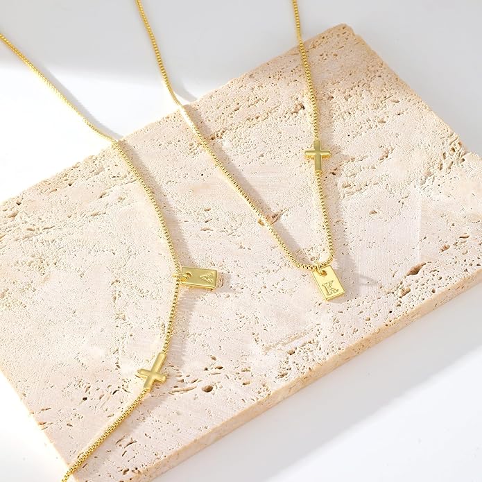 Cross Necklace for Women with Initial, 14K Gold Plated Dainty Cross Pendant Choker Initial Gold Necklace for Women Jewelry Gift