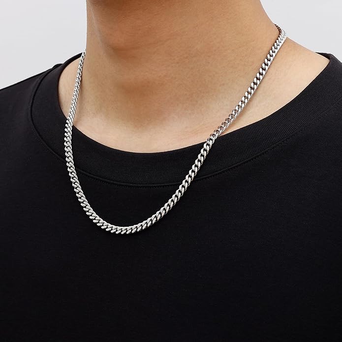 Fiusem Valentines Day Gifts for Him Silver Tone/Black/14K Gold Plated Chain Necklace for Men, 5mm/6mm/7.5mm/8mm/9mm Stainless Steel Cuban Link Chain Necklace, Men's Chains 18-28 Inch Jewelry Gifts
