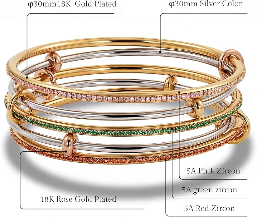 Musishiyu Gold Bracelets for Women Stacking Bangle - 18K Mixed Metal Tri-Color Rolling Interlocking Bands, Cubic Zirconia Fidget Anxiety Jewelry, Valentine's Galentine's Day Gifts (Love, Loyalty, Friendship)
