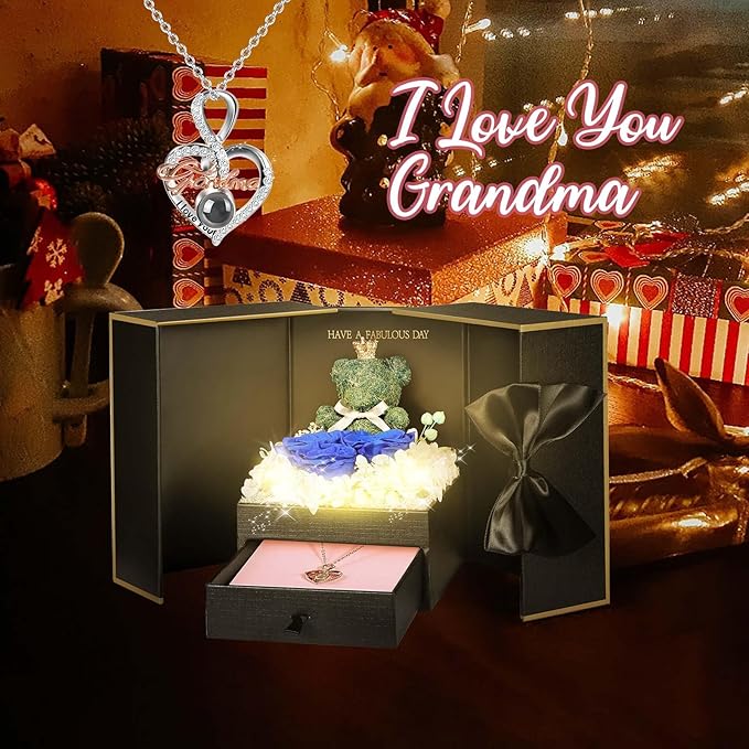 ADDWel Great Gifts for Grandma, Preserved Real Roses with I Love You 100 Languags Grandma Necklace, Cute Bear and Meaningful Eternal Roses for Grandmother Nana Birthday