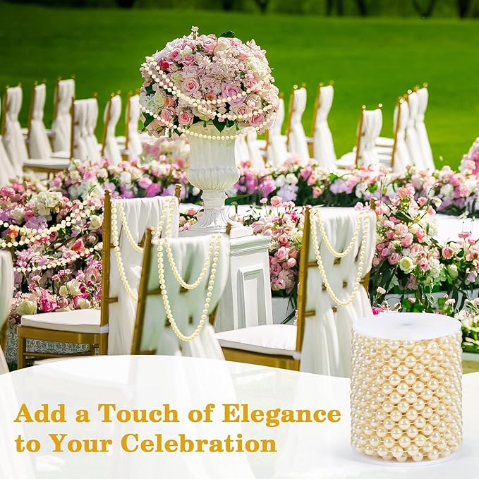 33 Feet Faux Pearl Garland, 10mm Pearl String Roll Strands, Extended String of Pearls Garland for Christmas Tree Wedding Party Decoration Centerpieces Flowers DIY Crafts (Ivory)