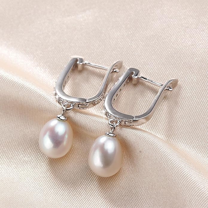 Pearl Jewelry Set For Women Pearl Pendant Necklace & Pearl Earrings with Sparkling Rhinestones 925 Sterling Silver Freshwater Pearl Drop Jewelry Set for Wedding Prom Gift