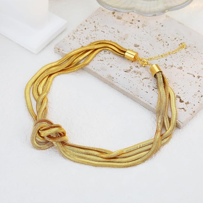 Chunky Gold Choker Necklace for Women, 14K Gold Plated Snake Chain Statement Necklace Triple Twsited Layered Choker Necklaces Jewelry Gifts