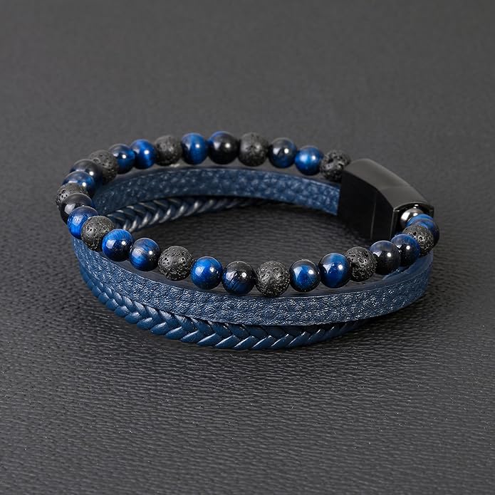 Gifts for Men - Layered Leather Beads Bracelet, Tiger Eye Lava Rock Stone Braided Leather Bracelets for Men Adjustable Magnetic Clasp Birthday Gifts