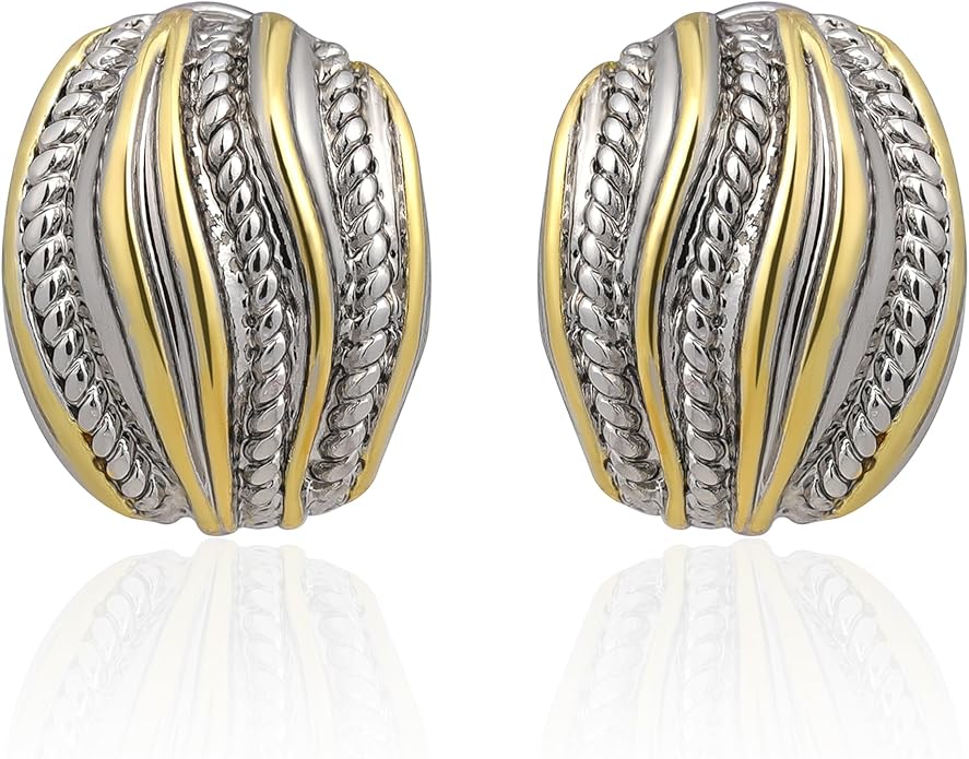 Two Tone Huggie Hoop Earrings Cross Over Design Twisted Rope Silver Gold Statement Wide Band Clip On Hoops for Women Fashion Jewelry Gift