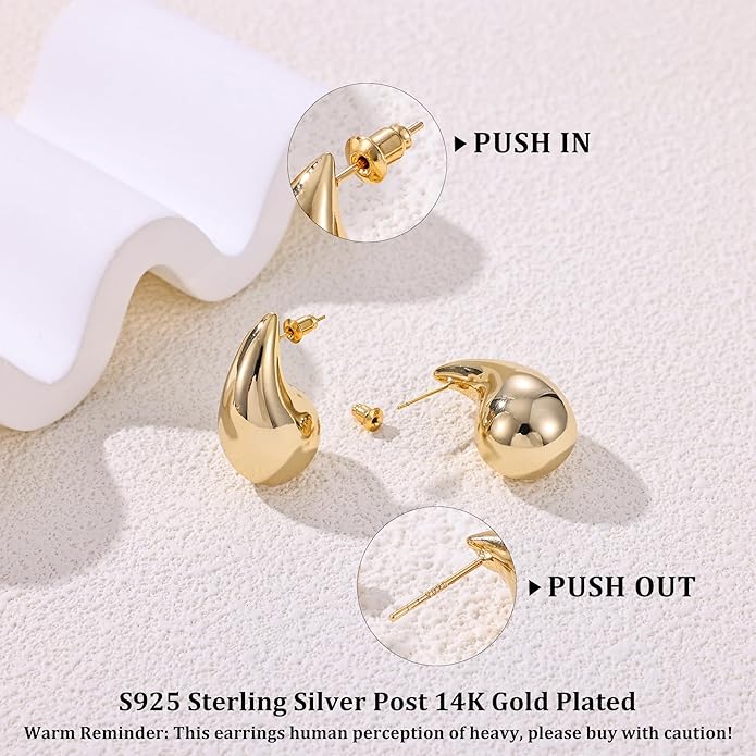 Gacimy Teardrop Earrings Dupes for Women 14K Gold Plated, Chunky Drop Earrings for Women with 925 Sterling Silver Post
