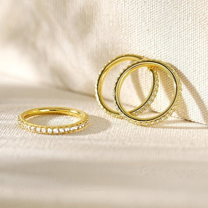 14K Gold Plated CZ Simulated Diamond Eternity Band Rings Set of 3,Thin Stackable Rings for Women,2mm Fashion Gold Stacking Bands for Daily Wear,Promise,Wedding, jewelry Gift for Wife Girlfriend