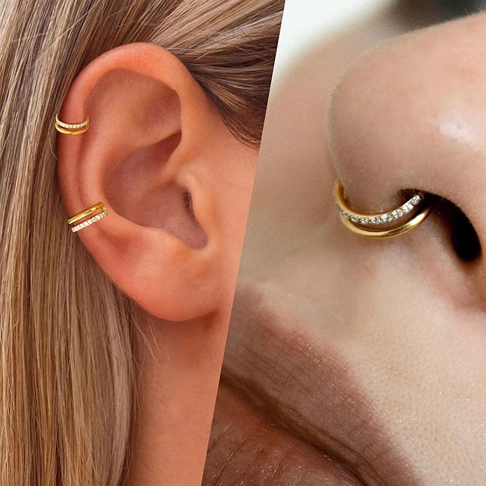 2 PCS Small Cartilage Double-Hoop Helix Conch Piercing Earrings With Cubic Zirconia For Women Trendy 14K Gold Plated Titanium Surgical Stainless Steel Sets Jewelry