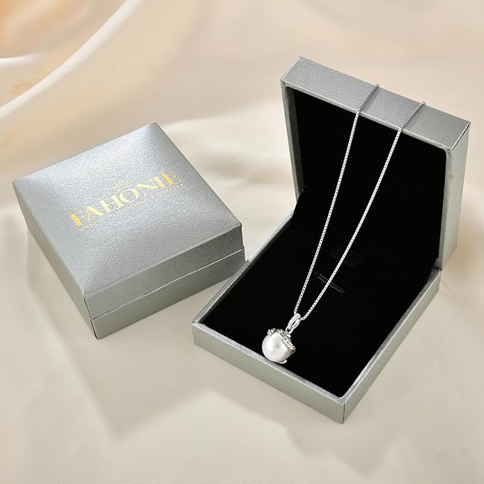 Fahonie Pearl Necklace for Women 925 Sterling Silver Pearl Drop Pendant Necklace Dainty Pearl Necklace with CZ Birthday Anniversary Jewelry Gifts for Wife Her