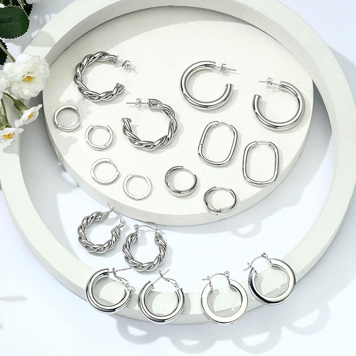 Yesteel 9 Pairs Gold Hoop Earrings for Women, 925 Sterling Silver Post 14K Real Gold Plated Chunky Hoop Earrings Set for Women Hypoallergenic Thick Lightweight Earring for Womens Jewelry Gifts