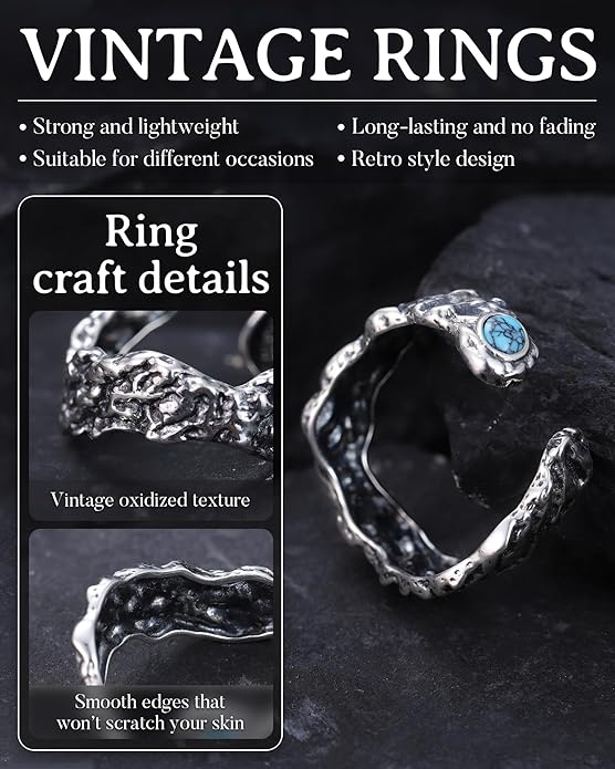 S925-Sterling-Silver Abalone Dragonfly-Turquoise Spoon Ring - Vintage Boho Sunflower Thumb Oxidized Wrap Rings Victorian Style Antique Floral Jewelry Gifts for Women