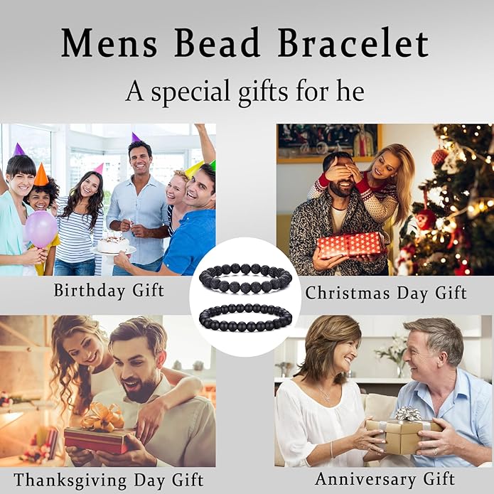 RANKEEF Mens Bead Bracelet Set - Adjustable Elastic Rope With 6&8MM Natural Stone Multi-Colored Beads - Tiger Eye Bracelets for Men - Gift
